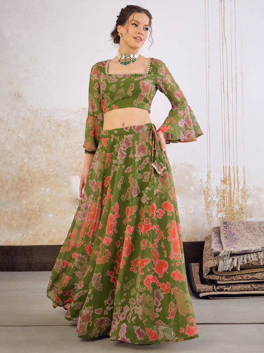 Women Green  Tie & dye Crop Top With Anarkali Skirt