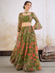 Women Green  Tie & dye Crop Top With Anarkali Skirt