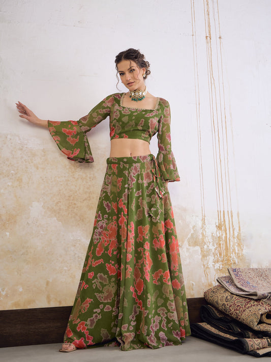 Women Green  Tie & dye Crop Top With Anarkali Skirt