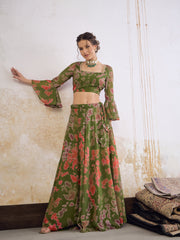 Women Green  Tie & dye Crop Top With Anarkali Skirt