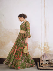 Women Green  Tie & dye Crop Top With Anarkali Skirt