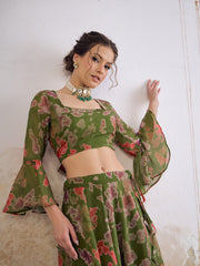 Women Green  Tie & dye Crop Top With Anarkali Skirt