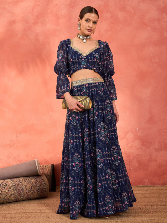 Women Navy Floral Hem Frill Crop Top With Anarkali Skirt