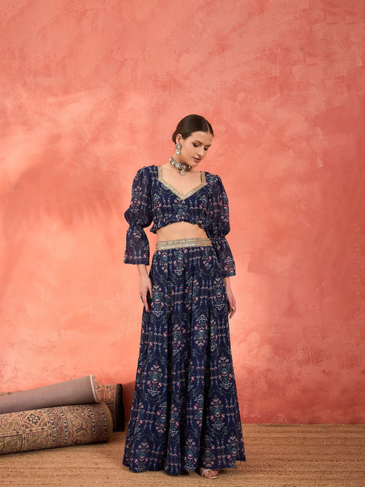 Women Navy Floral Hem Frill Crop Top With Anarkali Skirt