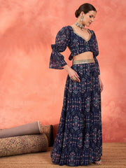 Women Navy Floral Hem Frill Crop Top With Anarkali Skirt