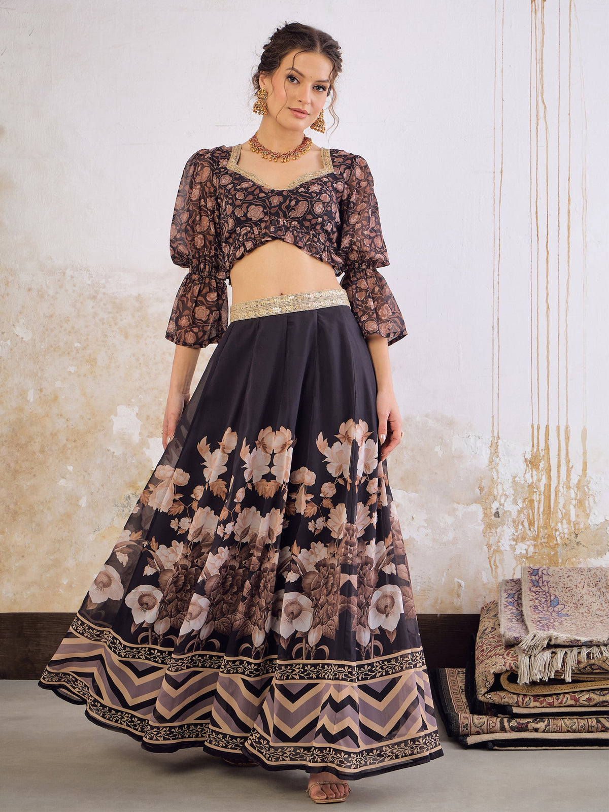 Women Black Floral Hem Frill Crop Top With Anarkali Skirt