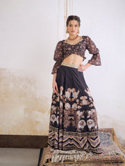 Women Black Floral Hem Frill Crop Top With Anarkali Skirt