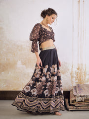 Women Black Floral Hem Frill Crop Top With Anarkali Skirt