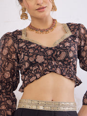 Women Black Floral Hem Frill Crop Top With Anarkali Skirt