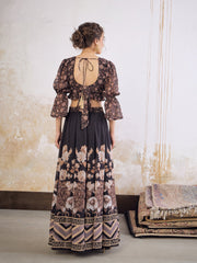 Women Black Floral Hem Frill Crop Top With Anarkali Skirt