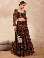Women Black Floral Sweetheart Neck Crop Top With Anarkali Skirt