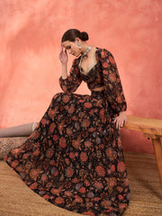 Women Black Floral Sweetheart Neck Crop Top With Anarkali Skirt
