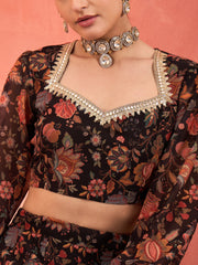 Women Black Floral Sweetheart Neck Crop Top With Anarkali Skirt