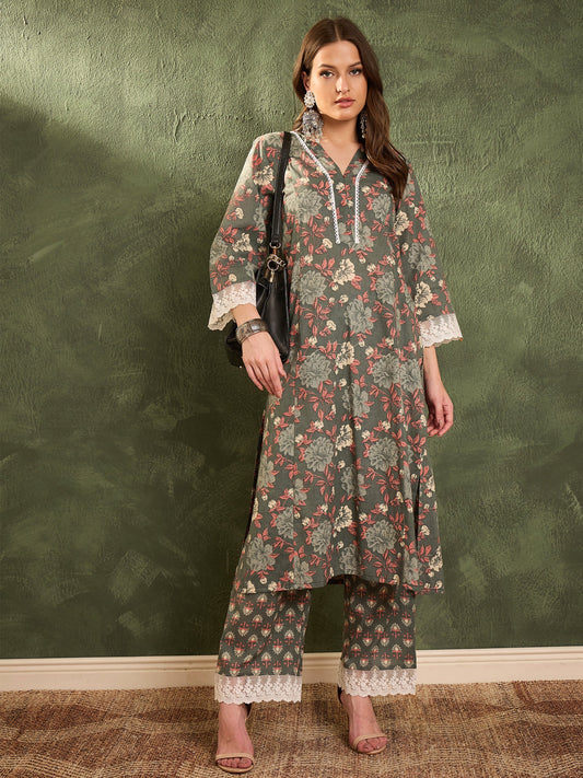 Women Green Floral V Neck Lace kurta With Pants