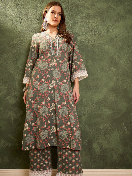 Women Green Floral V Neck Lace kurta With Pants