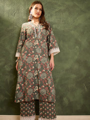 Women Green Floral V Neck Lace kurta With Pants
