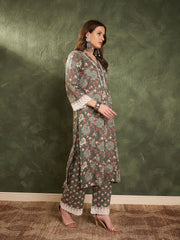 Women Green Floral V Neck Lace kurta With Pants