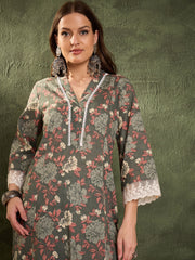 Women Green Floral V Neck Lace kurta With Pants