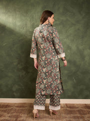 Women Green Floral V Neck Lace kurta With Pants