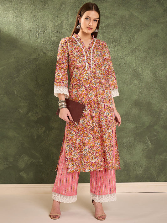 Women Pink Floral V Neck Lace Kurta With Pants