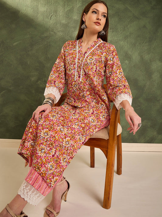 Women Pink Floral V Neck Lace Kurta With Pants