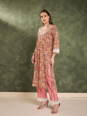 Women Pink Floral V Neck Lace Kurta With Pants