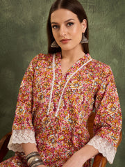 Women Pink Floral V Neck Lace Kurta With Pants