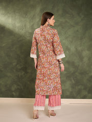 Women Pink Floral V Neck Lace Kurta With Pants