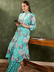 Women Aqua Blue Floral Wood Button Kurta With Pants