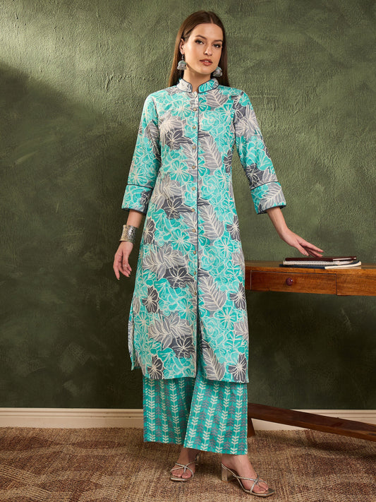 Women Aqua Blue Floral Wood Button Kurta With Pants