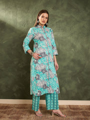 Women Aqua Blue Floral Wood Button Kurta With Pants