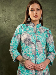 Women Aqua Blue Floral Wood Button Kurta With Pants