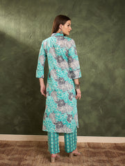 Women Aqua Blue Floral Wood Button Kurta With Pants