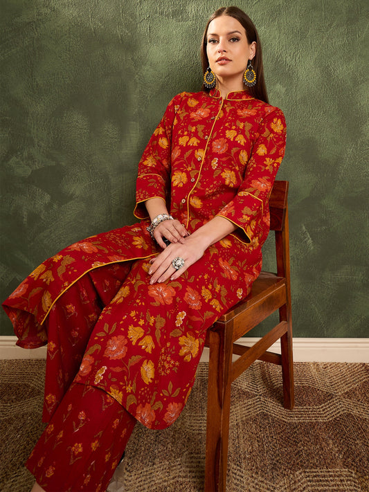 Women Maroon Floral Wood Button Kurta With Pants