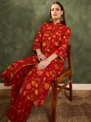 Women Maroon Floral Wood Button Kurta With Pants