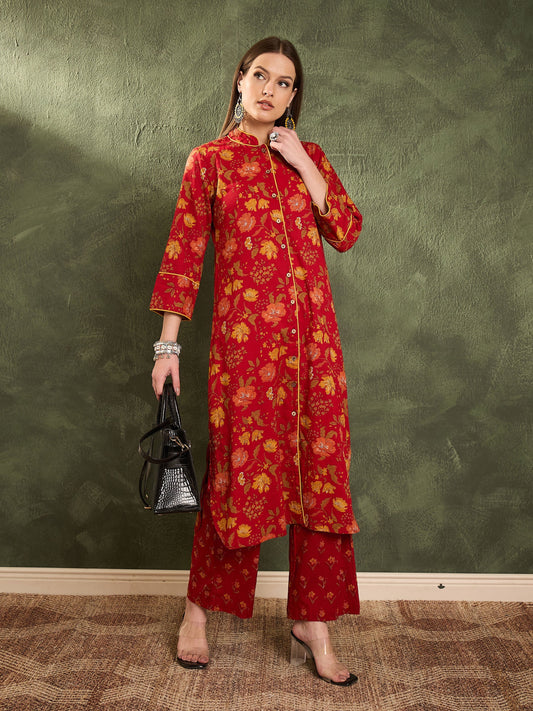 Women Maroon Floral Wood Button Kurta With Pants