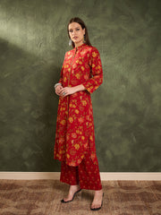 Women Maroon Floral Wood Button Kurta With Pants