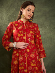Women Maroon Floral Wood Button Kurta With Pants