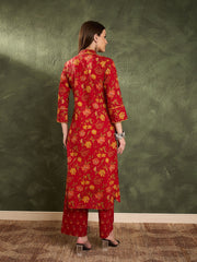 Women Maroon Floral Wood Button Kurta With Pants