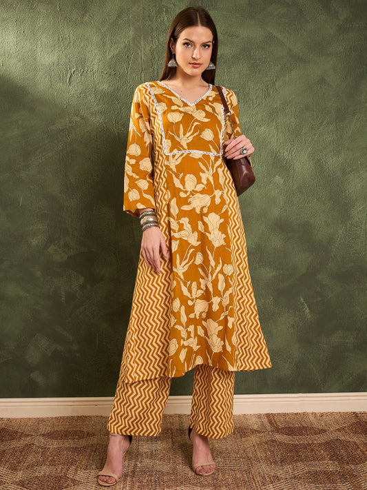 Women Mustard Floral Front Yoke Kurta With Pants