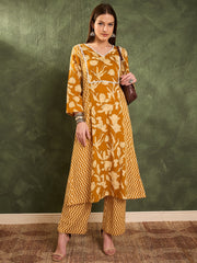 Women Mustard Floral Front Yoke Kurta With Pants