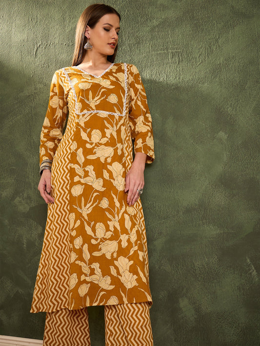 Women Mustard Floral Front Yoke Kurta With Pants
