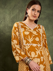 Women Mustard Floral Front Yoke Kurta With Pants