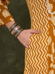 Women Mustard Floral Front Yoke Kurta With Pants