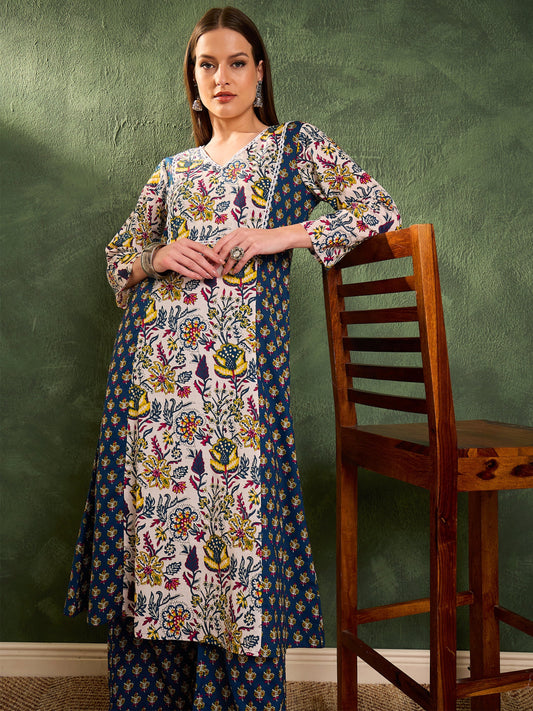 Women Blue Floral Front Yoke Kurta With Pants