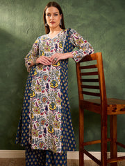 Women Blue Floral Front Yoke Kurta With Pants