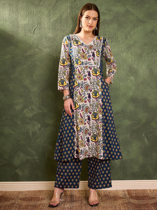 Women Blue Floral Front Yoke Kurta With Pants