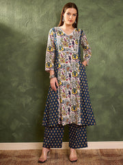 Women Blue Floral Front Yoke Kurta With Pants