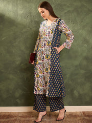 Women Blue Floral Front Yoke Kurta With Pants