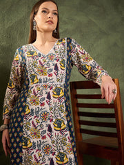 Women Blue Floral Front Yoke Kurta With Pants